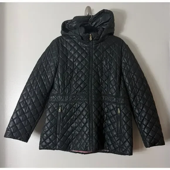 KATE SPADE COAT XL BLACK QUILTED HOODED PUFFER ANORAK JACKET ZIPPER MINIMALIST - Picture 2 of 11